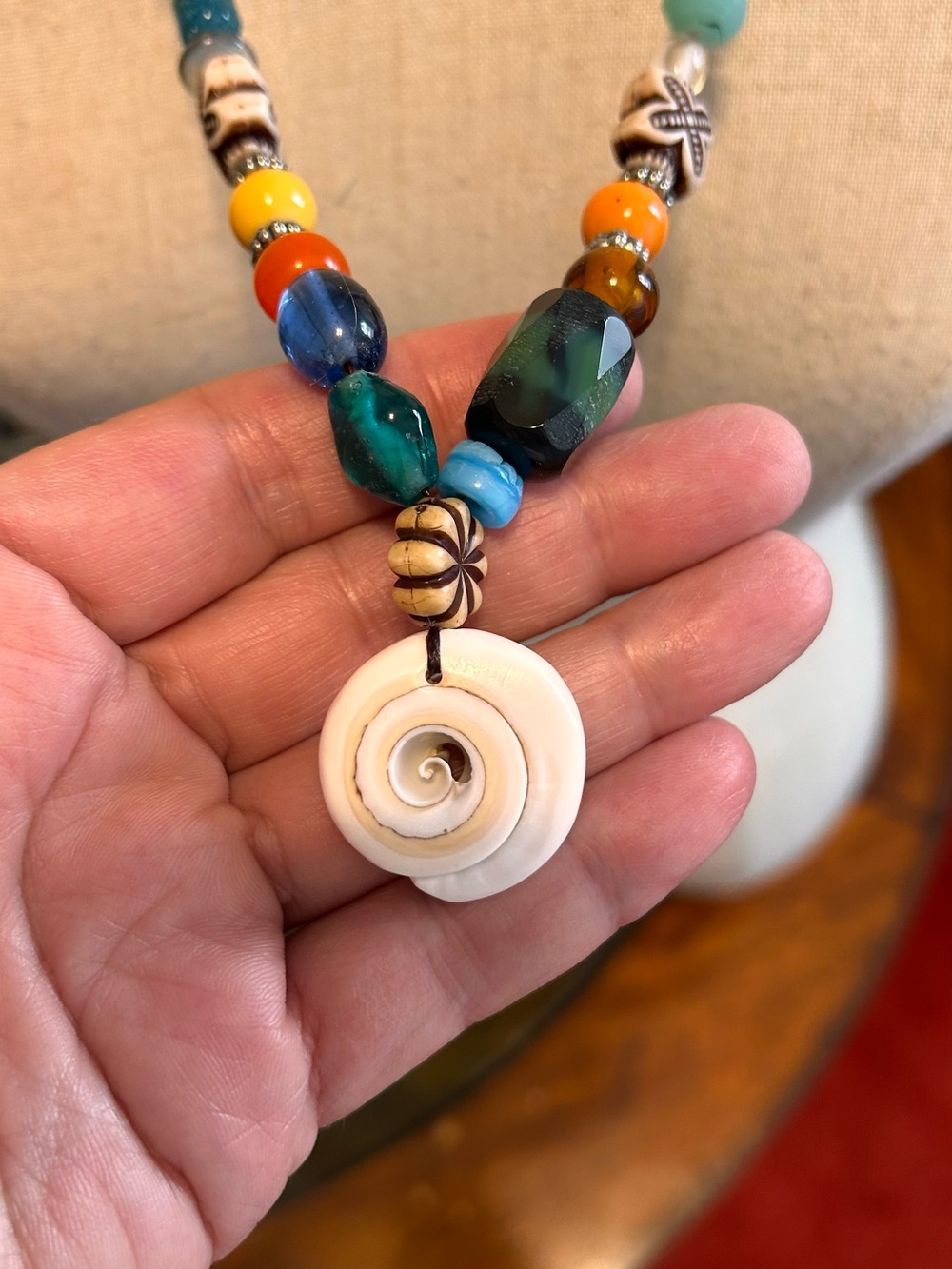Vintage Handmade Multicolor Beaded Necklace with White Shell Pendant